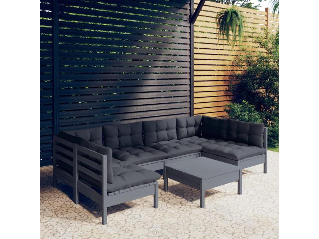 7-piece garden furniture set with grey cushions, solid pine wood 68568GPWS
