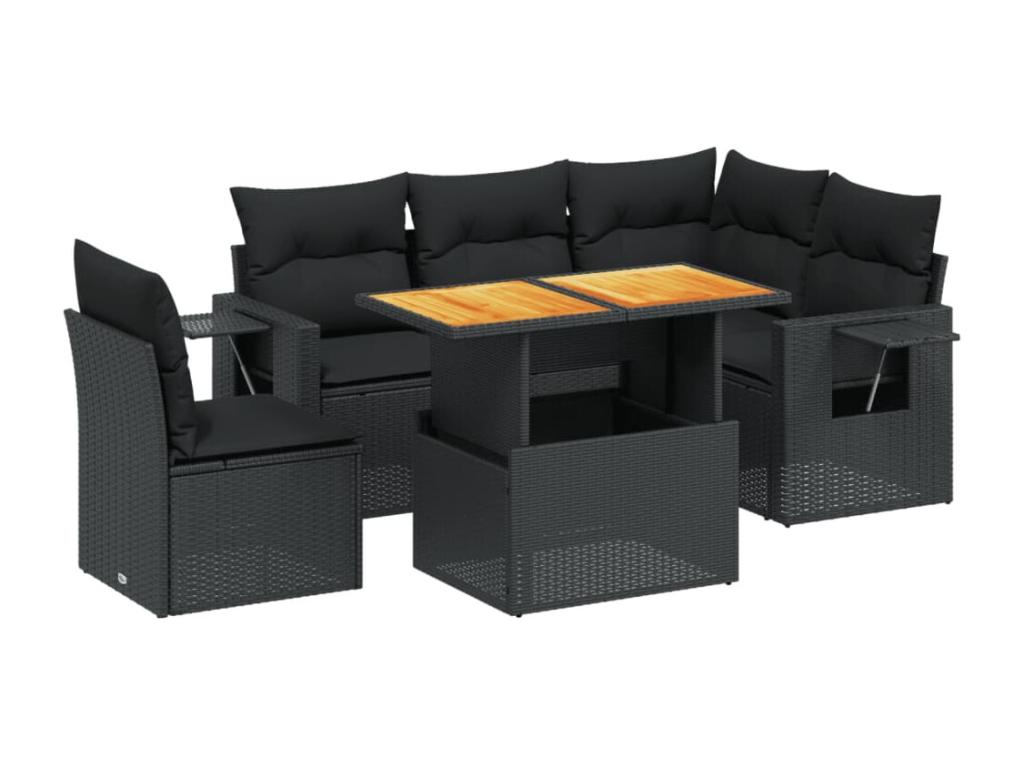 6-piece garden furniture set with cushions, black woven resin, 43635QYJU