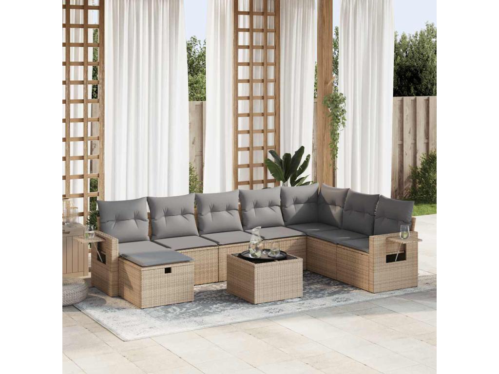 9-piece garden furniture set with cushions, beige woven resin, 23405IFLI
