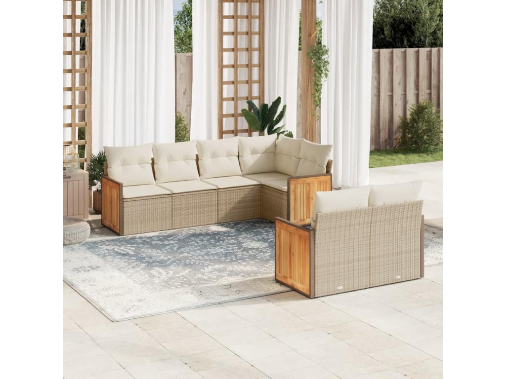 7-piece garden furniture set with cushions, beige woven resin, 62176CYRY