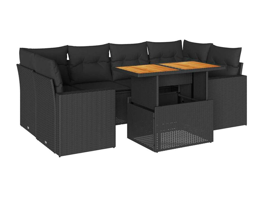 7-piece garden furniture set with cushions, black resin wicker, 87527TQNW