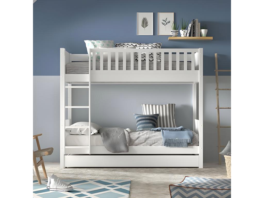 Sunmeub - White Lacquered Pine Bunk Bed with Trundle 90x200cm 93376PBIF