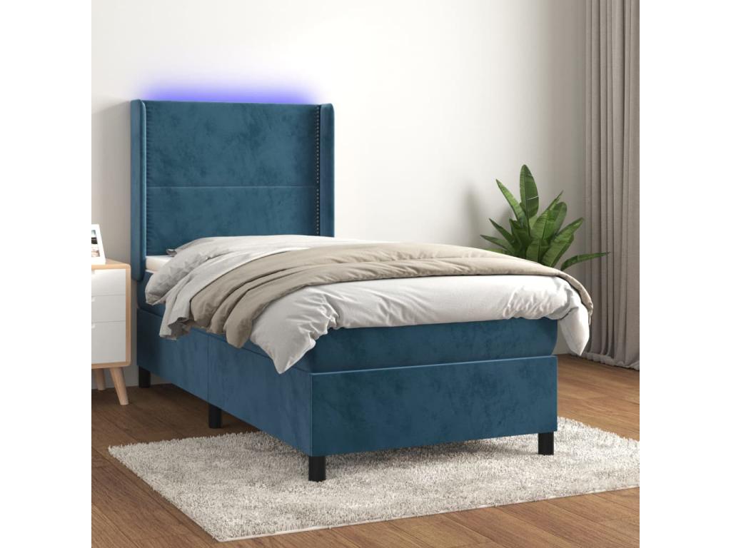 Upholstered bed base and mattress with LED lighting, dark blue, 90x190cm, velvet, 76664SQWT