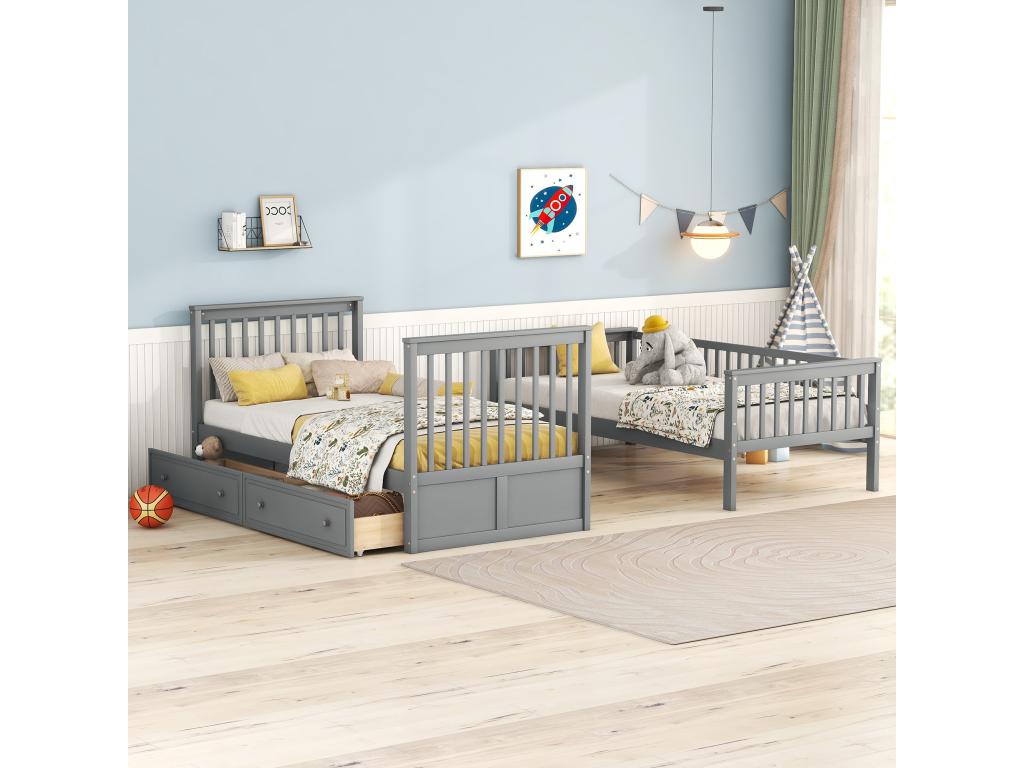 Children's separable bunk beds - 2 x 90 x 200 cm - 2 drawers - grey pine frame - Sunmeub slatted base - safety rails - Sunmeub 74998KFUT