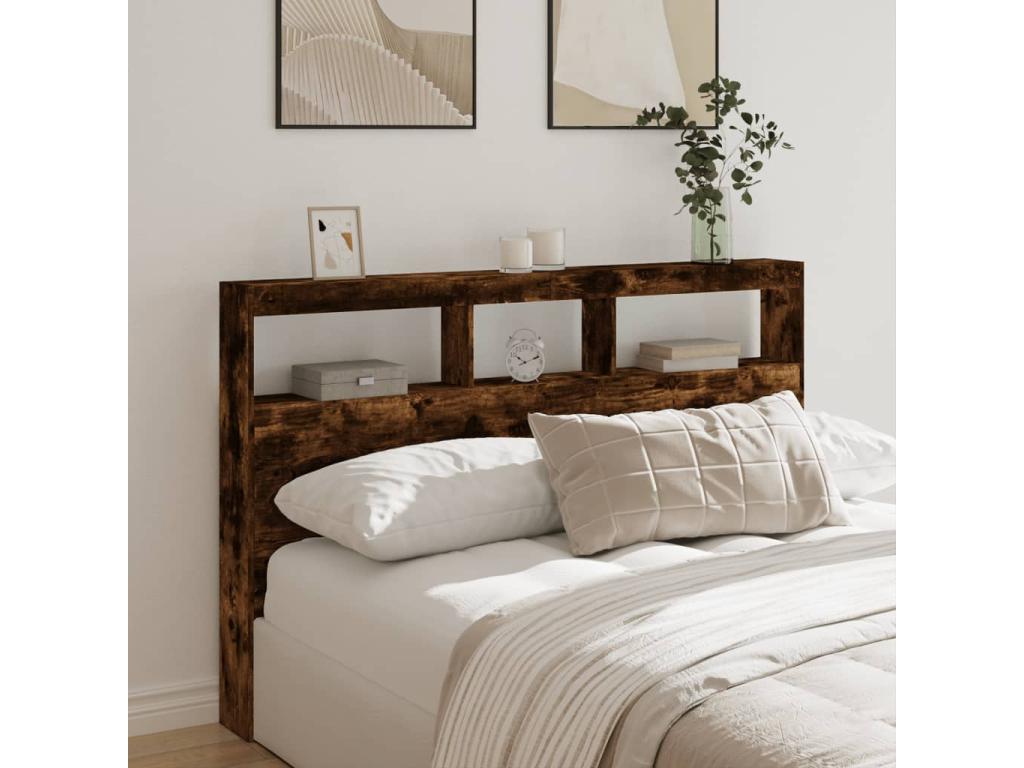 Smoked oak headboard wardrobe with LED lighting, 160x17x102 cm, 84567GNLP