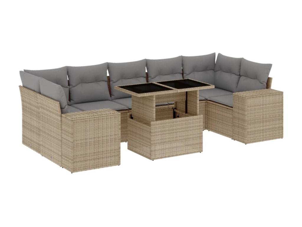 8-piece garden furniture set with cushions, beige woven resin, 27749KHYK