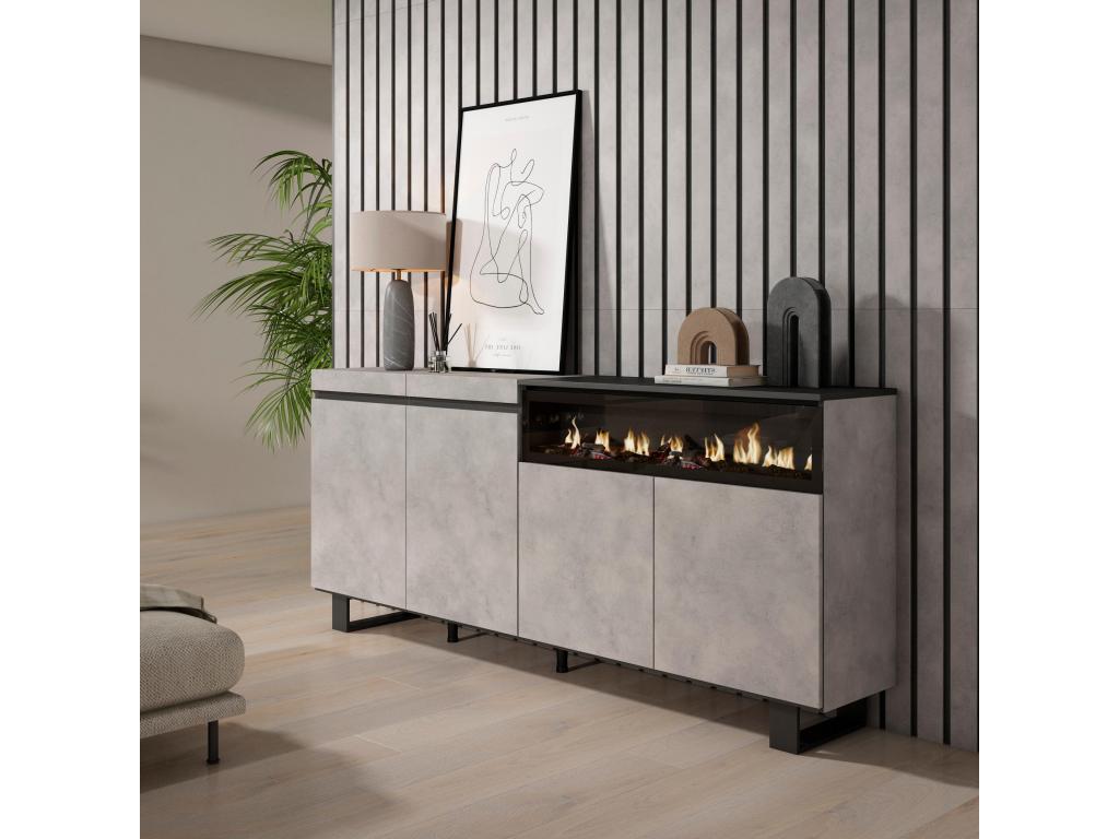 Sideboard for living room and kitchen, 200x87x35cm, with electric fireplace, industrial design, cement finish, 02899WTHC